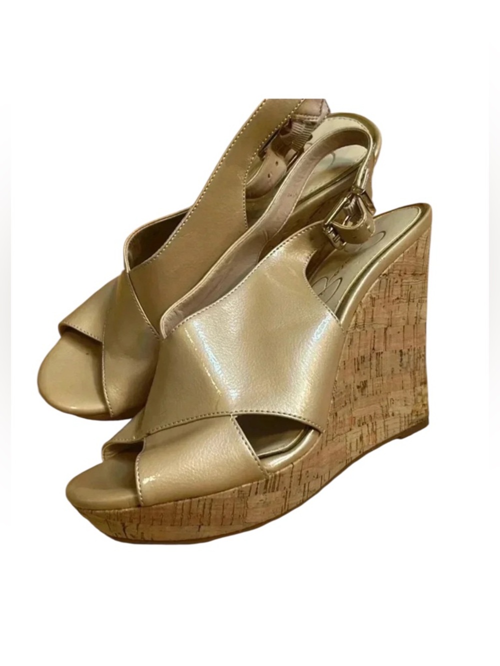 Jessica Simpson Shiny Taupe Faux Leather Colavita Cork Wedges size 7